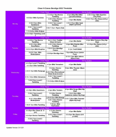 2022 Cheer N Dance Bendigo Class Timetable - Cheer N Dance Bendigo